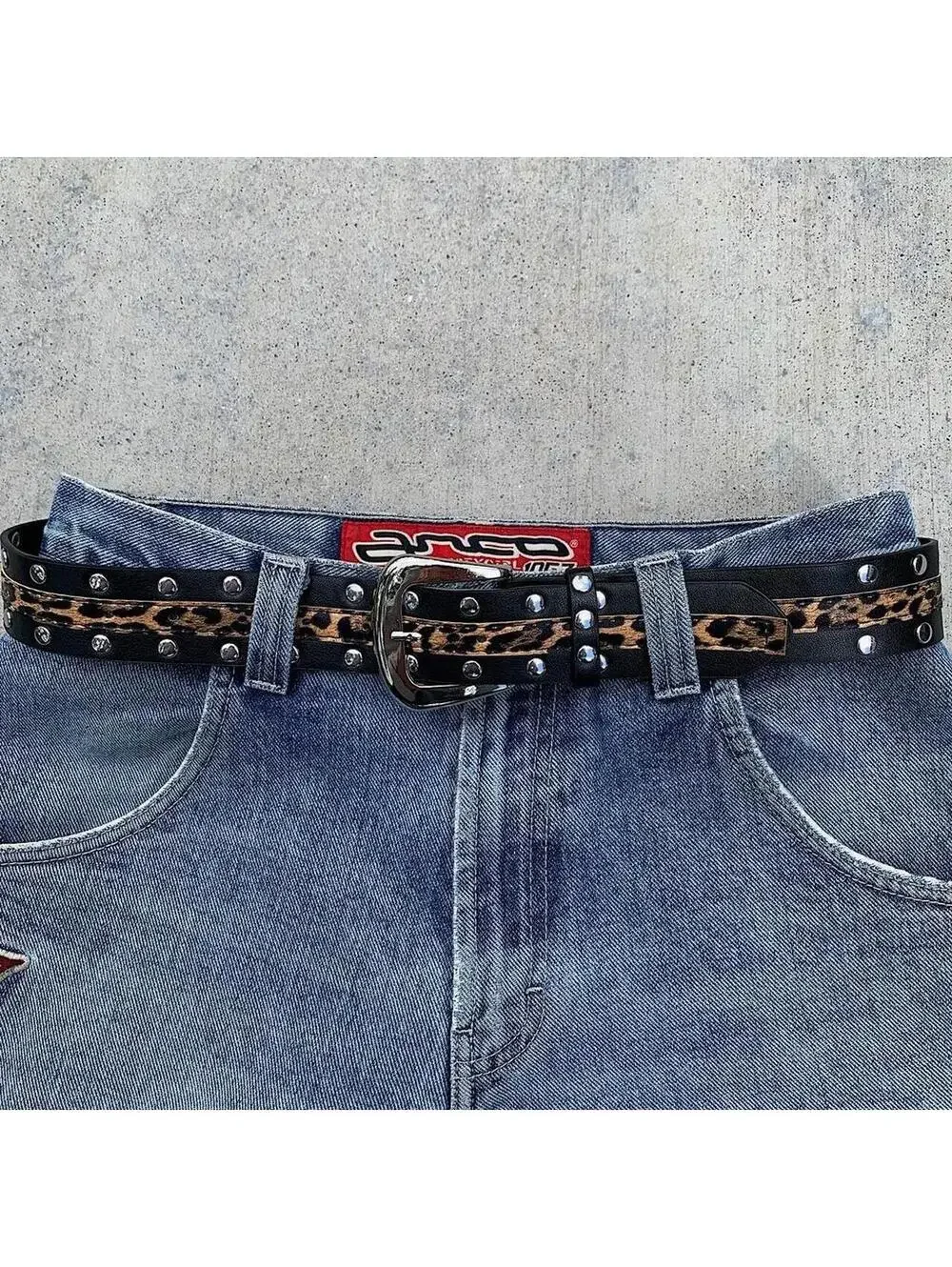 Cheetah print studded silver belt buckle belt. Punk gothic y2k style. 37 inches